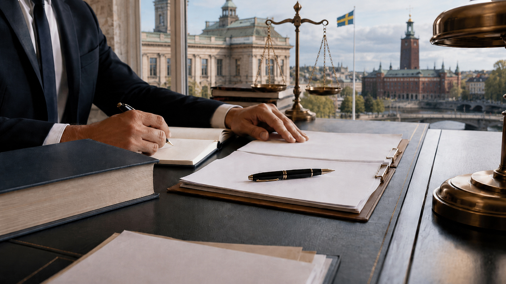 Försvarets arbete för att uppnå frikännande Advokat arbetar med juridiska handlingar vid skrivbord med svensk stadsmiljö och rättvisans våg i bakgrunden.