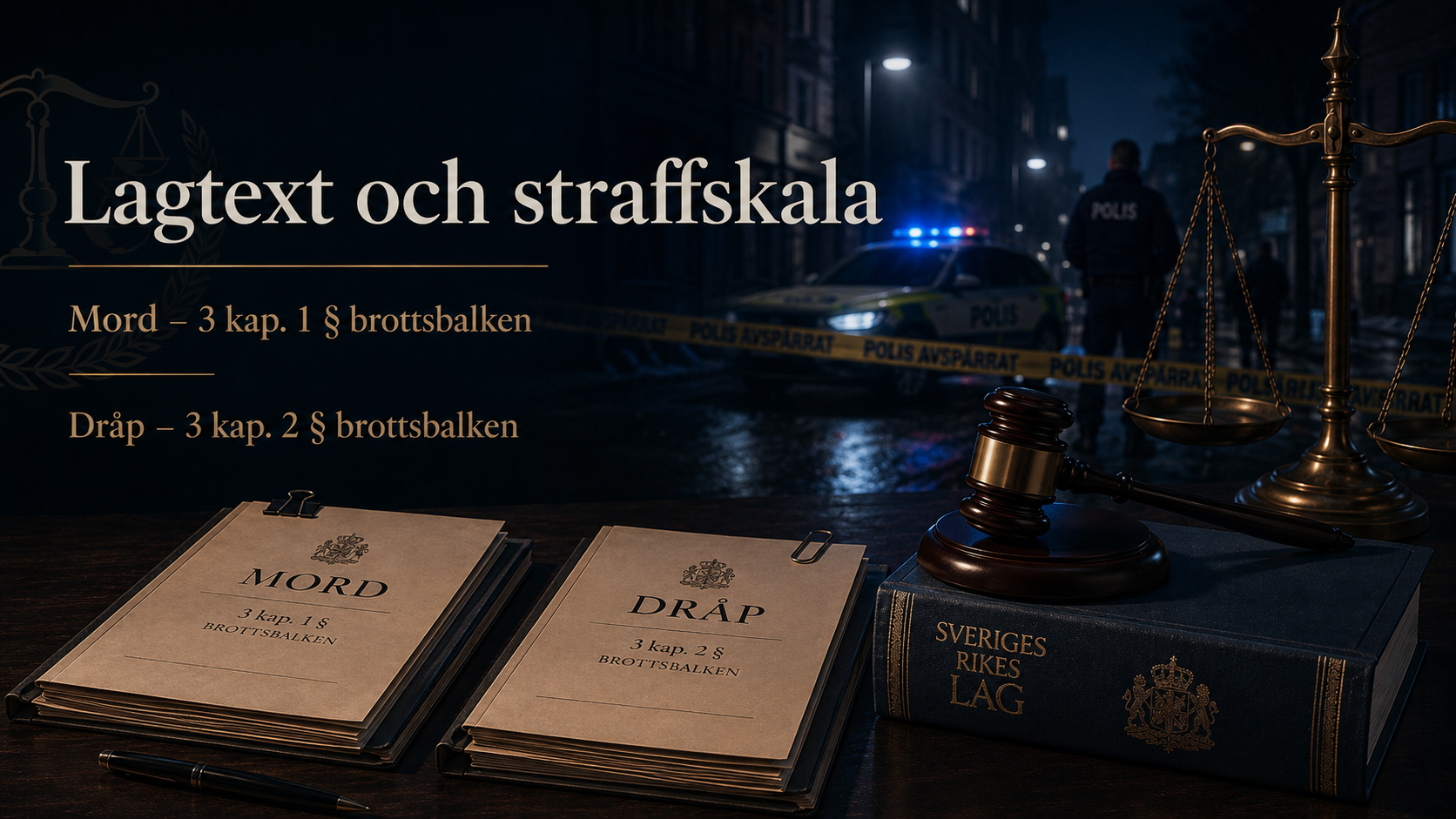 Lagtext och straffskala för mord och dråp Mörk juridisk illustration om mord och dråp med laghandlingar, Sveriges rikes lag, domarklubba, rättvisans våg och polis som arresterar en misstänkt i bakgrunden.