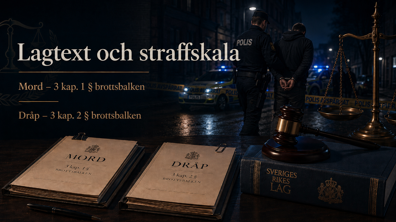 Lagtext och straffskala för mord och dråp Mörk juridisk illustration om mord och dråp med laghandlingar, Sveriges rikes lag, domarklubba, rättvisans våg och polis som arresterar en misstänkt i bakgrunden.