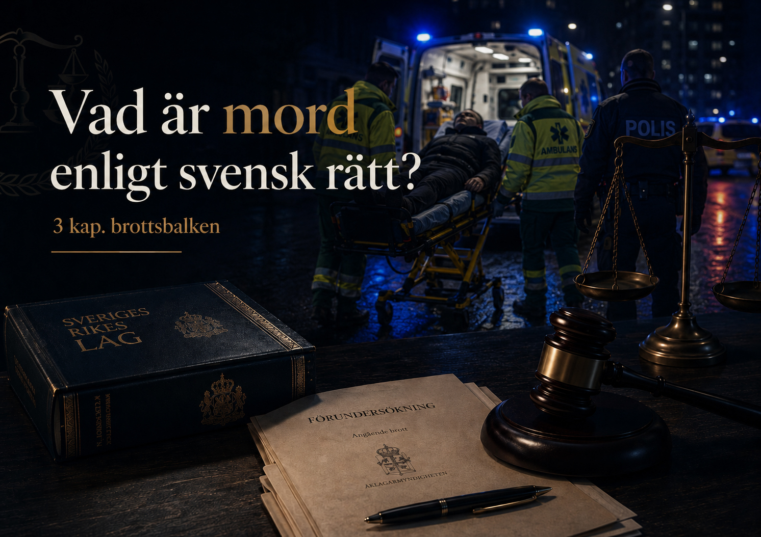 Vad är mord enligt svensk rätt? Mörk juridisk illustration om mord med polis och ambulanspersonal som för en skadad person på bår in i en ambulans, tillsammans med juridiska symboler och svensk rättsmiljö.